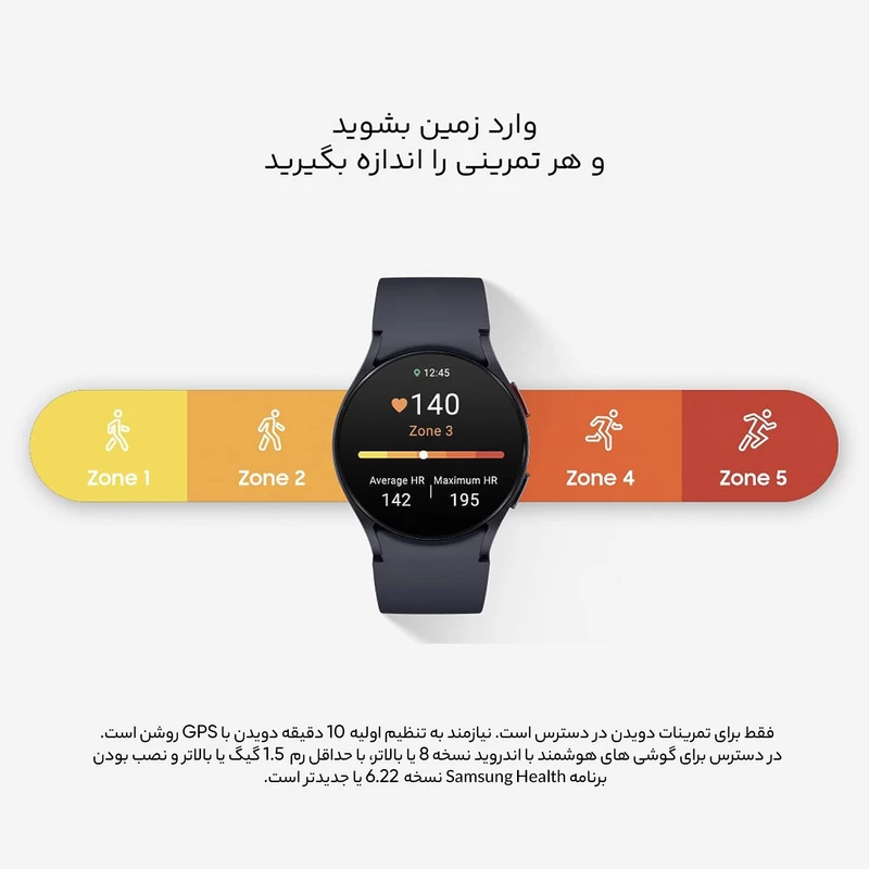 ساعت هوشمند سامسونگ مدل Galaxy Watch6 40mm، مناسب برای ورزش، روزمره، رسمی، دارای قابلیت‌های صفحه نمایش رنگی و لمسی، کنترل موسیقی، قابلیت مکالمه از طریق بلوتوث، بند سیلیکون، فرم صفحه دایره، فناوری GPS، با حافظه داخلی 16 گیگابایت،